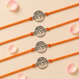 Four orange cord tree of life charm rakhis with silver toned circular pendants for brother and bhabhi protection gift
