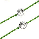 Green cord tree of life charm rakhi bracelet with silver-toned circular charm for brother and bhabhi protection gift