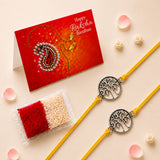 Two yellow thread rakhi bracelets with silver tree of life charms for brother and bhabhi protection gift