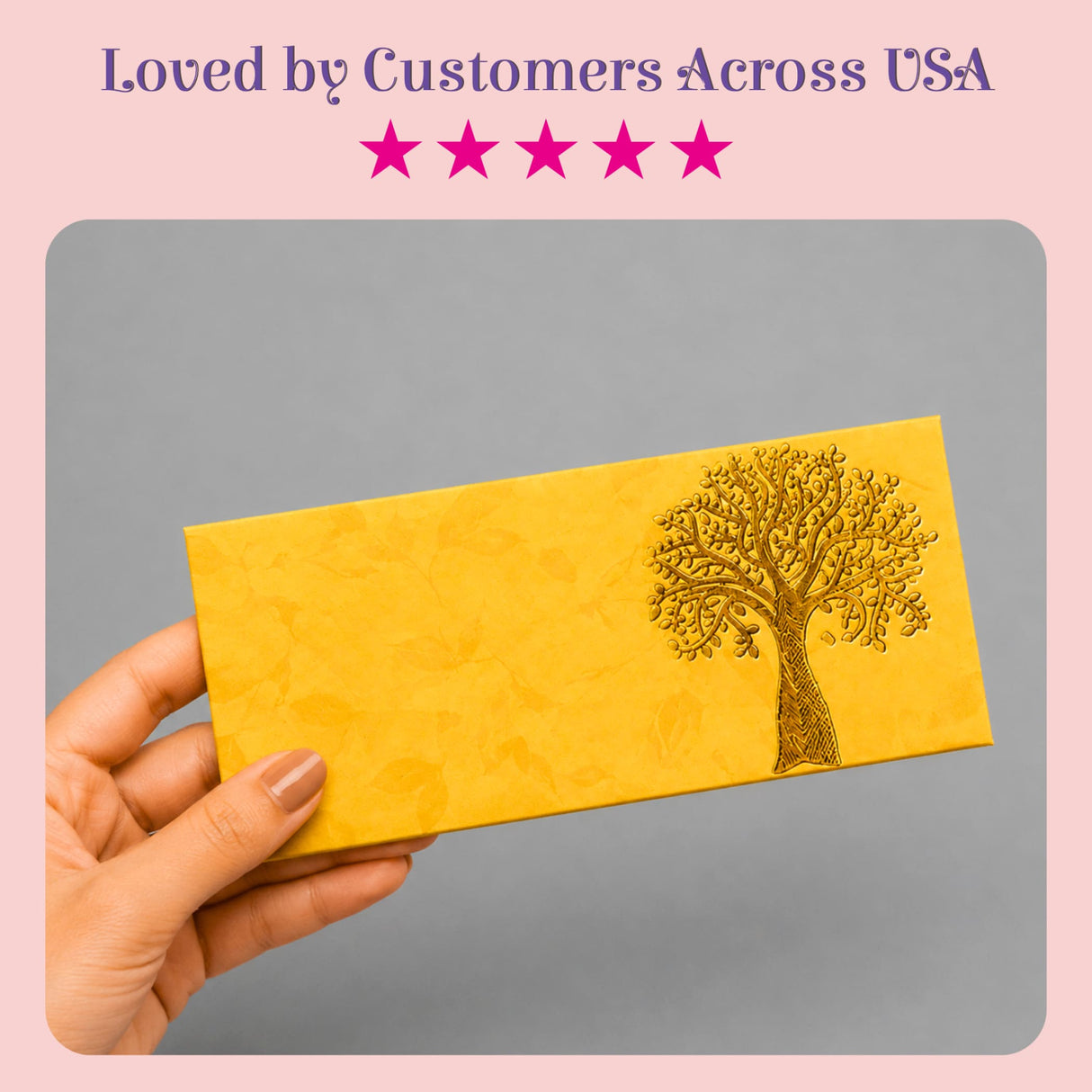 A vibrant yellow money envelope with gold-embossed Tree of Life design for Indian wedding cash gifts and savings
