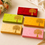 Stacks of colorful money envelopes in red green yellow and pink with golden tree of life design for Indian celebrations