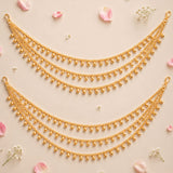 Gold plated triple layer ear chains with delicate teardrop beads and chain links indian traditional jewelry for women