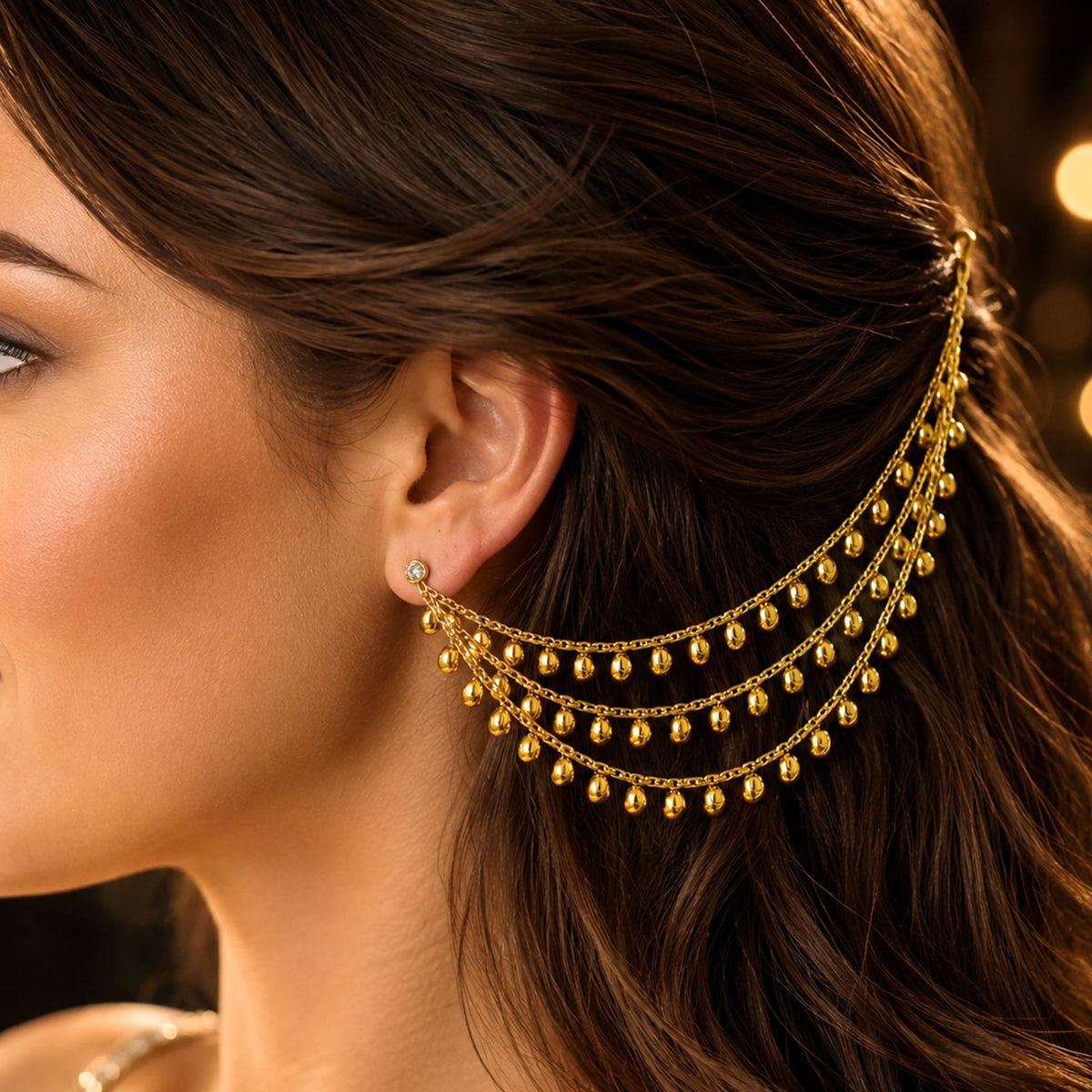 Gold-plated indian traditional ear chains triple layer earrings with dangling teardrop beads for weddings and gifts