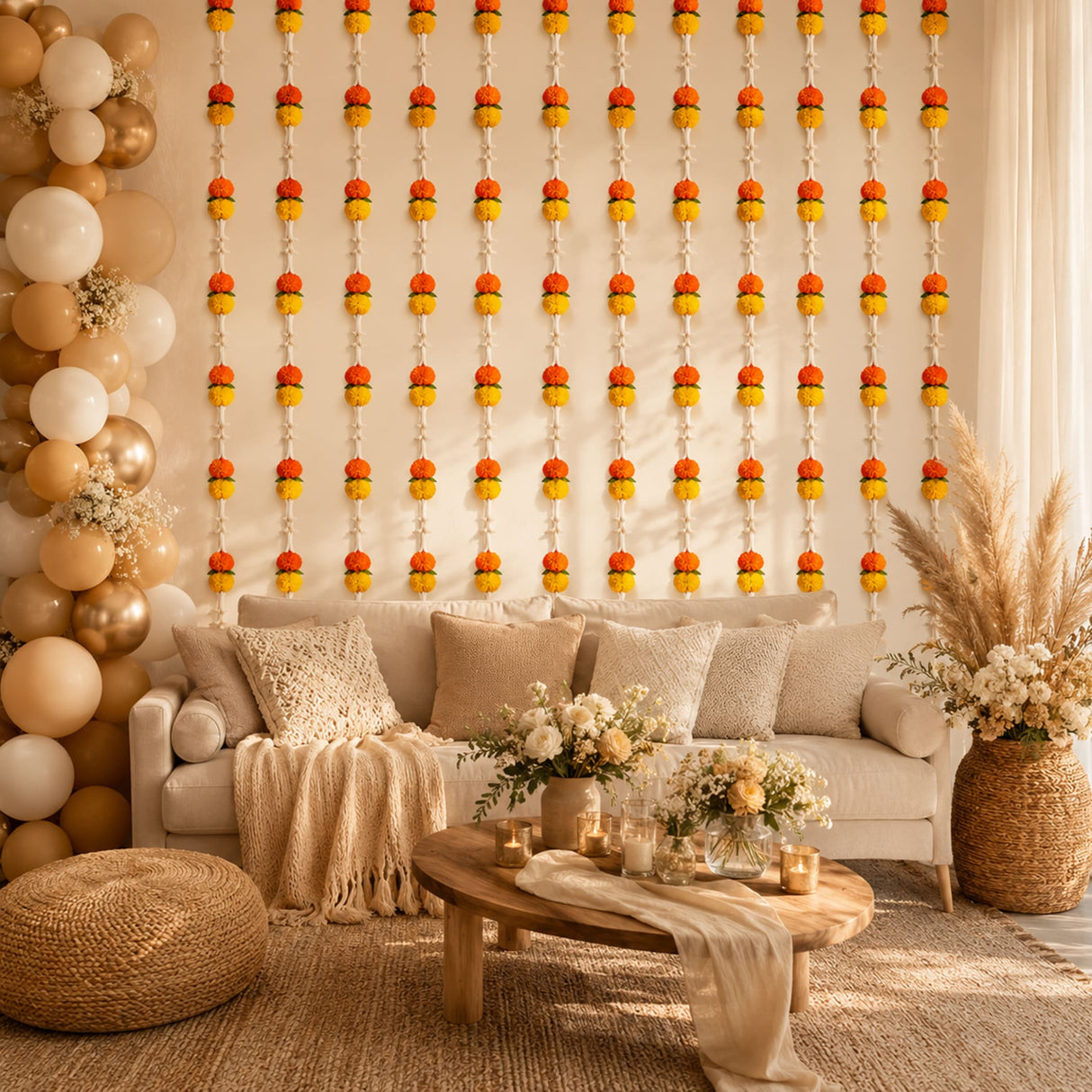 Beige sofa with textured cushions and woven throw blanket displayed with tuberrose marigold mogra flower string for diwali decor