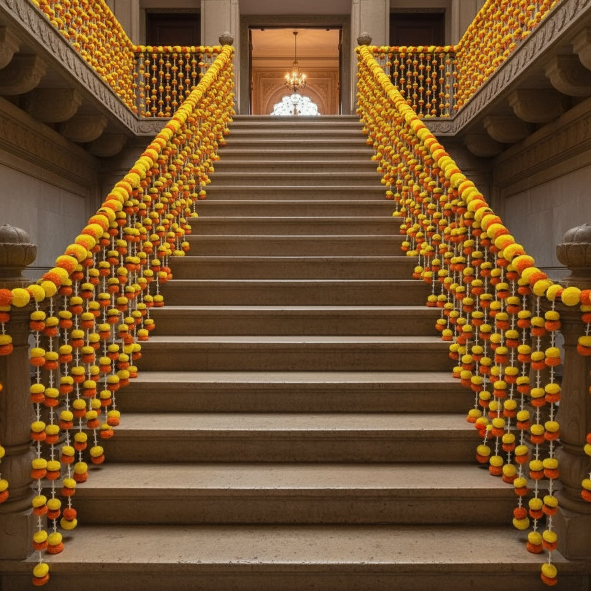 Grand staircase decorated with orange and yellow marigold flower garlands for Diwali and weddings