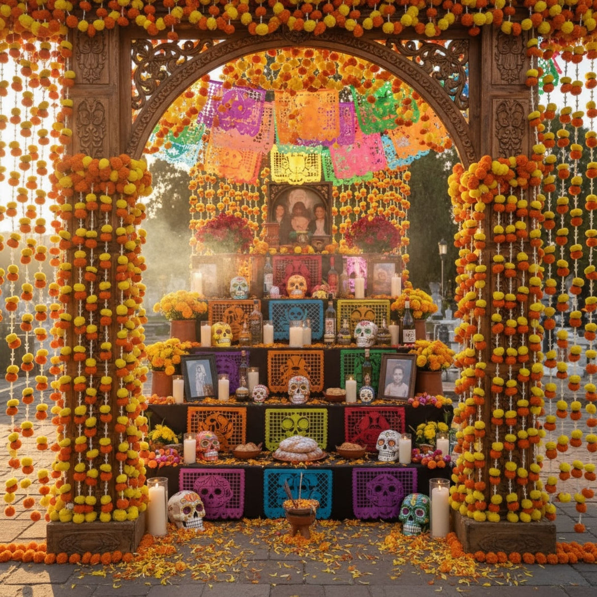 Vibrant Day of the Dead altar with marigolds, papel picado, sugar skulls, and candles