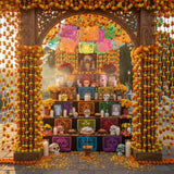 Vibrant Day of the Dead altar with marigolds, papel picado, sugar skulls, and candles