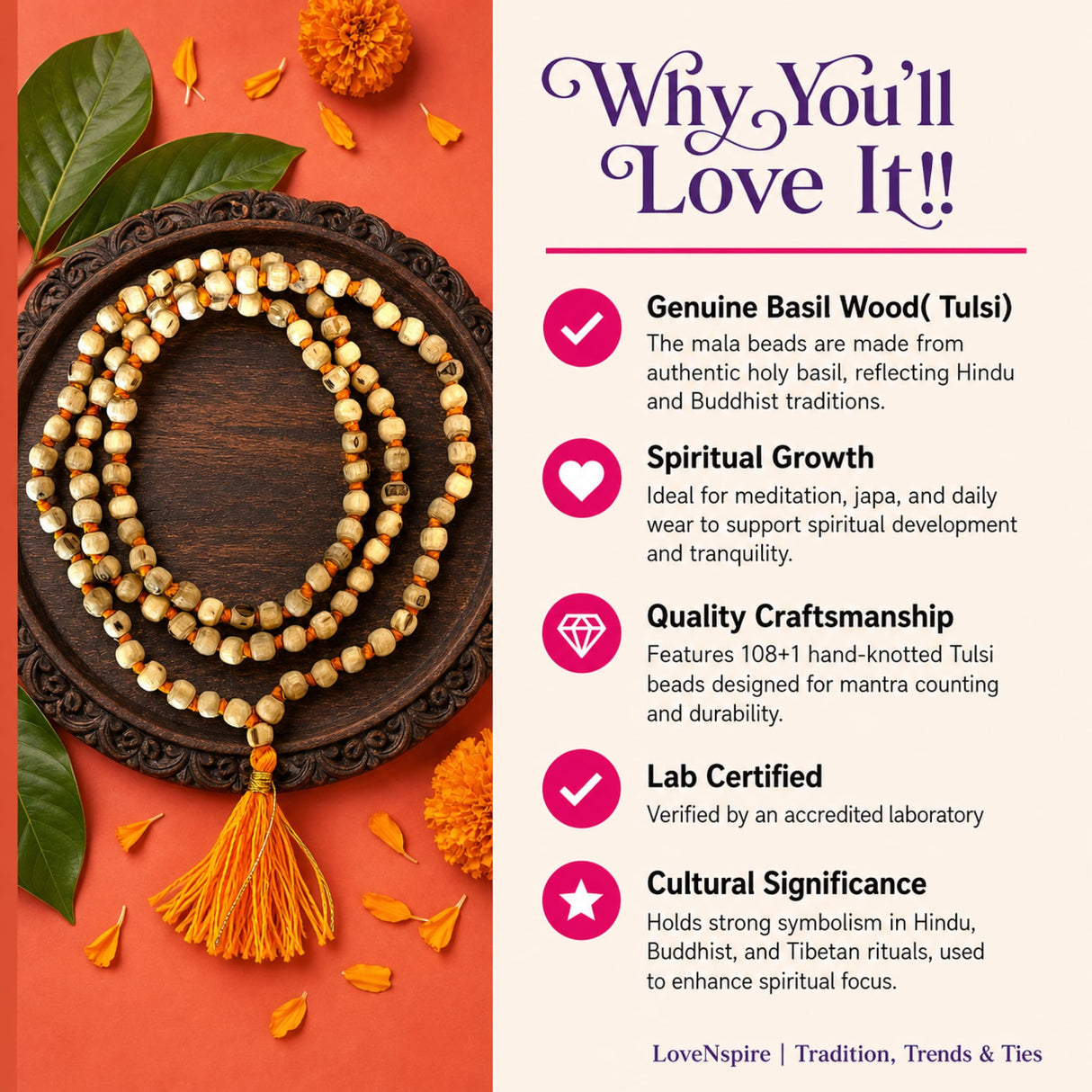 A coiled tulsi holy basil japa mala necklace made of natural basil wood beads with a vibrant orange tassel for meditation