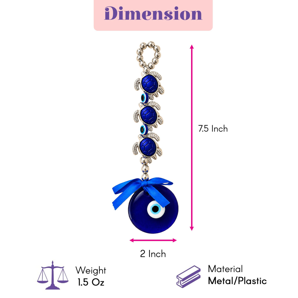 A 7.5-inch blue evil eye hanging decoration with three stacked turtle beads and a ribbon bow for home and car decor