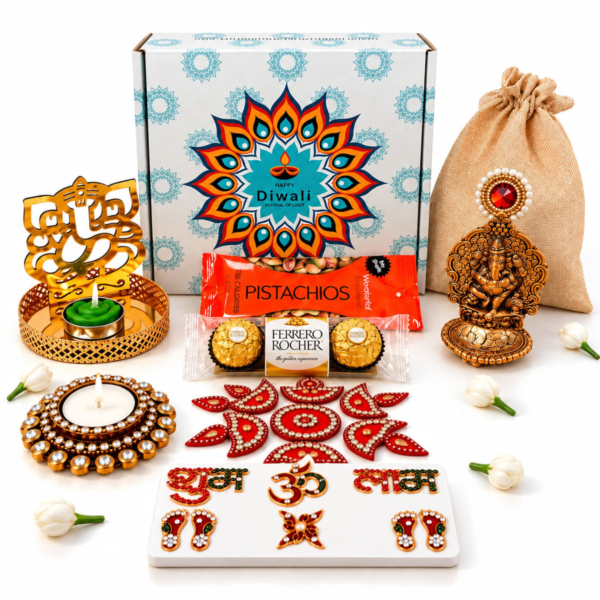 Gold-colored ganesha figurine with intricate detailing and red gemstone in ultimate diwali gift hamper for festival celebration