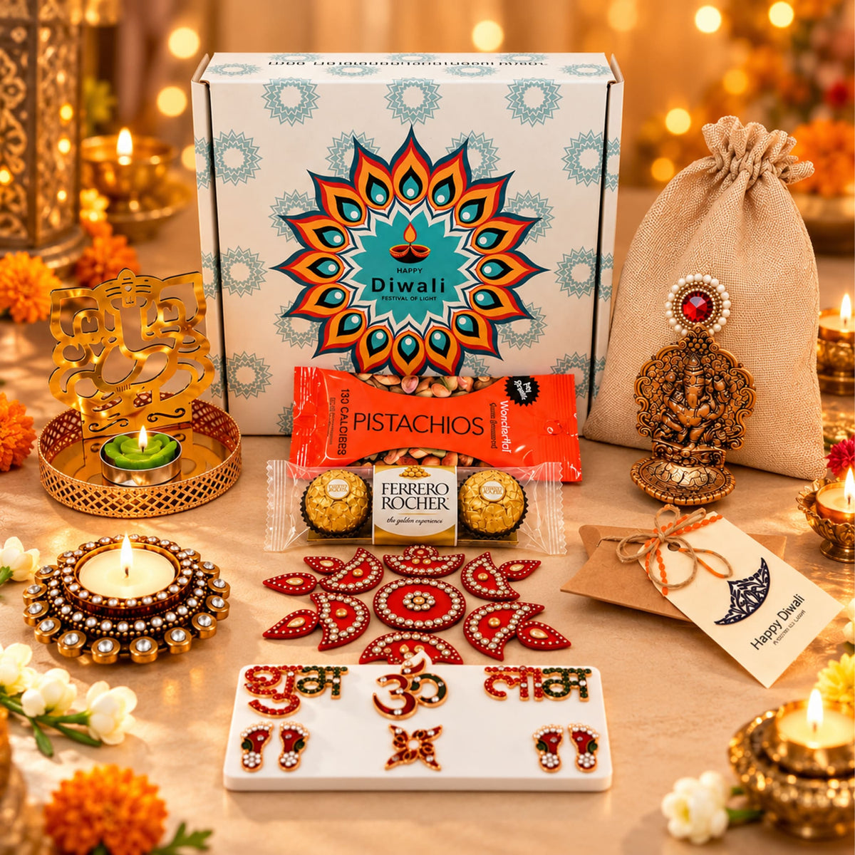 Golden ornate diwali-themed gift box with blue and orange mandala design for ultimate diwali gift hamper celebration