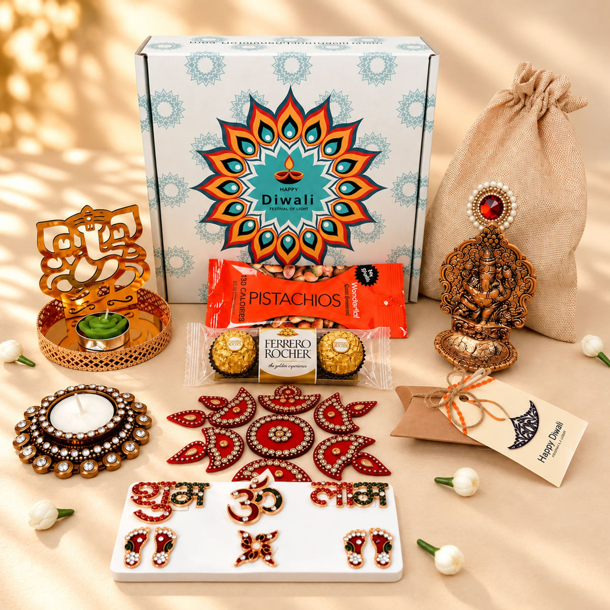 Golden ornate diwali-themed decorative candle holder with intricate cut-out design and green tea light in ultimate diwali gift hamper