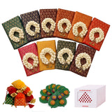 A set of ten vibrant saree blouse pieces in green red orange and gold adorned with jasmine garlands for festive gifts
