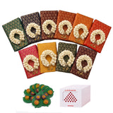 A set of ten fabric covered notebooks with jasmine flower garlands and golden bells for festive return gifts
