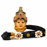 Golden and red embellished headpiece with black fabric band and white floral decorations for lakshmi goddess face set