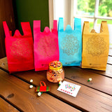 Colorful gift bags with intricate mandala design for Varalakshmi Vratham and Hindu festivals