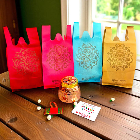 Colorful gift bags with intricate mandala design for Varalakshmi Vratham and Hindu festivals
