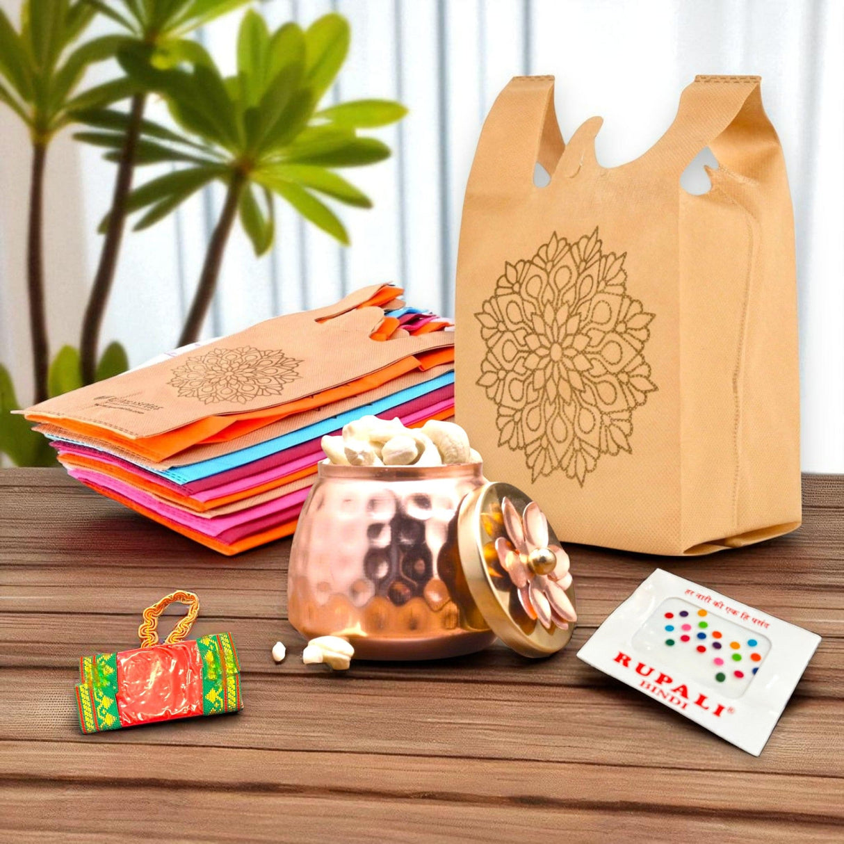 Brown paper bag with intricate mandala design suitable for religious and festive occasions