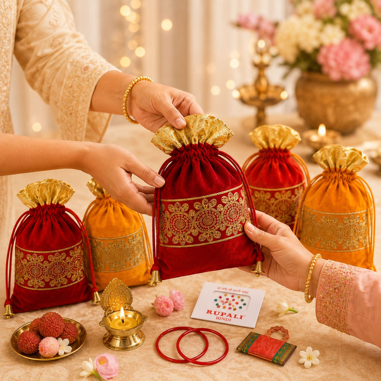 Red velvet drawstring potli bag with gold embroidery and golden flared top for varalakshmi vratham gift hamper