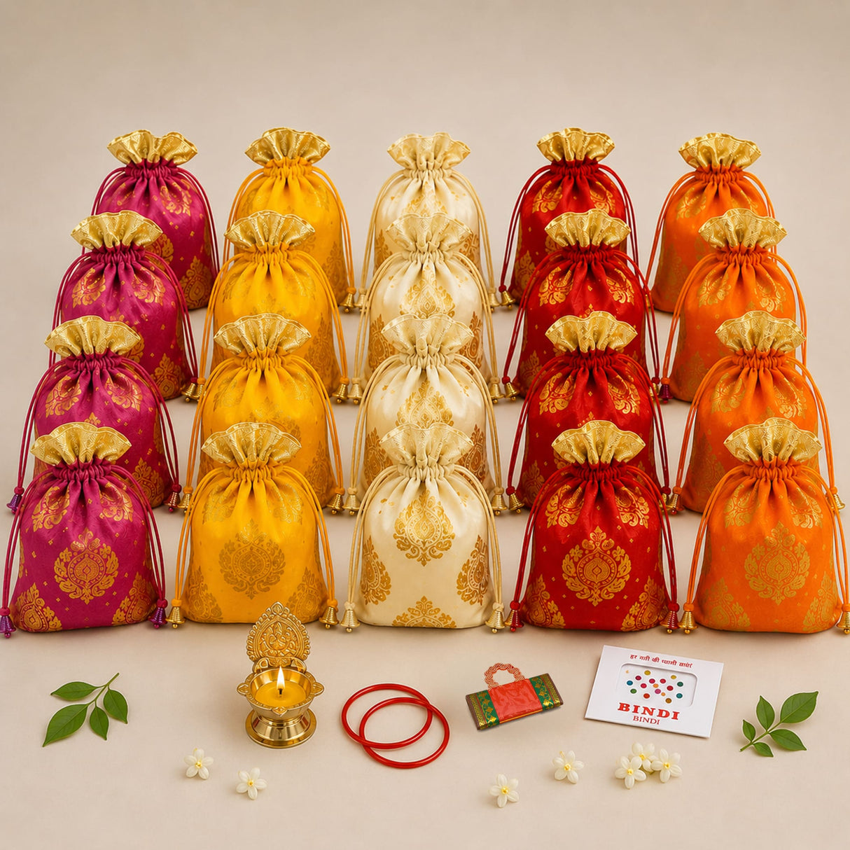 A set of vibrant embroidered drawstring potli bags in pink yellow cream red and orange with gold patterns for Hindu pooja gifts