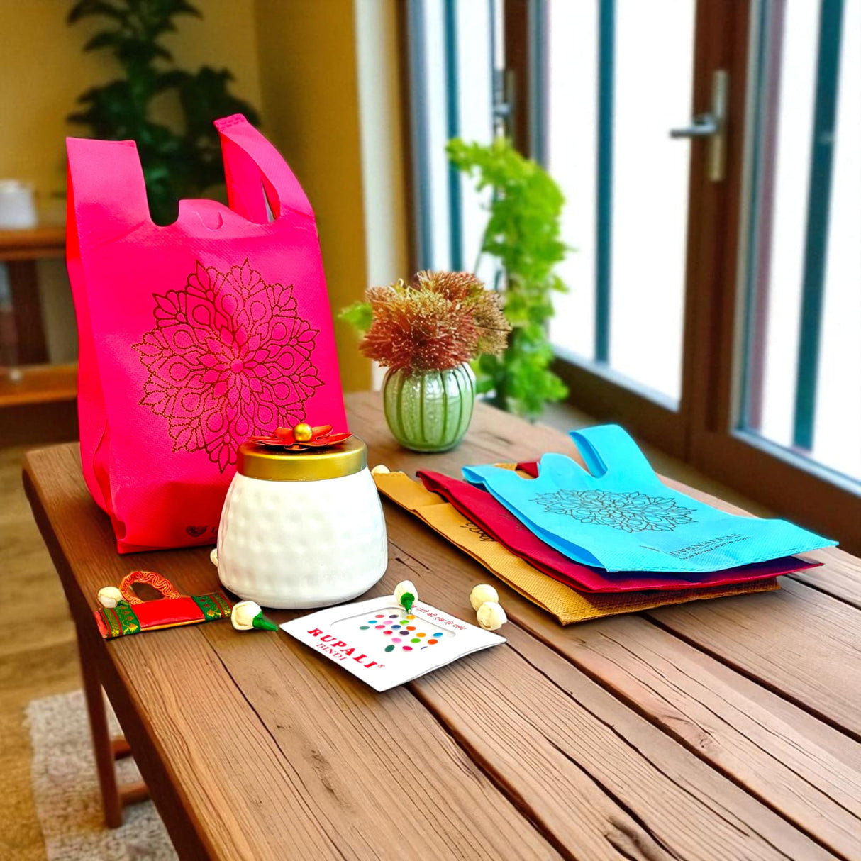 Colorful reusable shopping bags for Varalakshmi Vratham and religious ceremonies