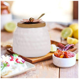 Textured white jar with floral lid, ideal for Varalakshmi Vratham and Pooja gifts