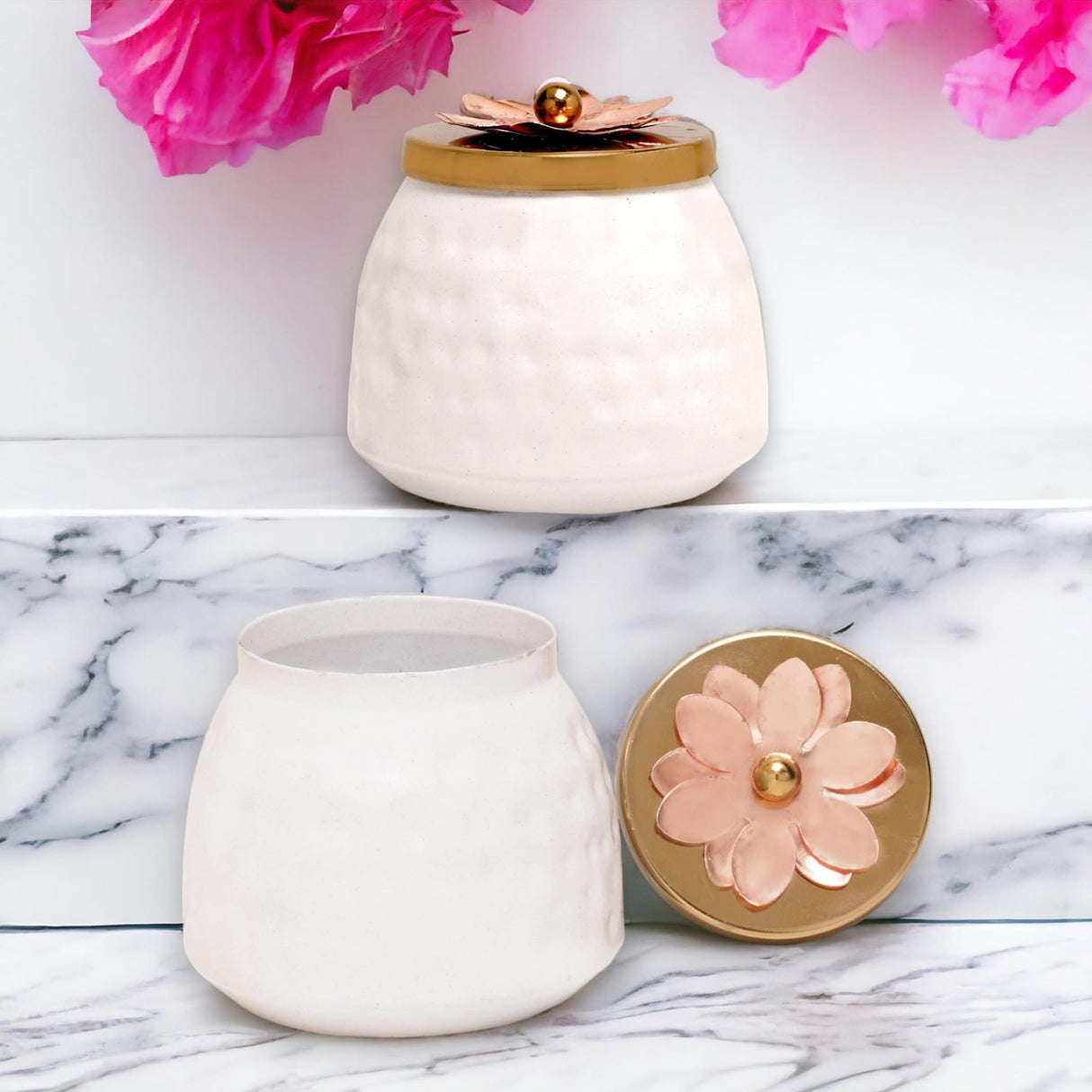 White ceramic jar with flower-adorned lid for religious and festive occasions