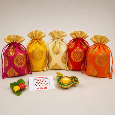 Five vibrant gold-patterned drawstring potli bags in pink yellow cream red and orange for Hindu religious gift hampers