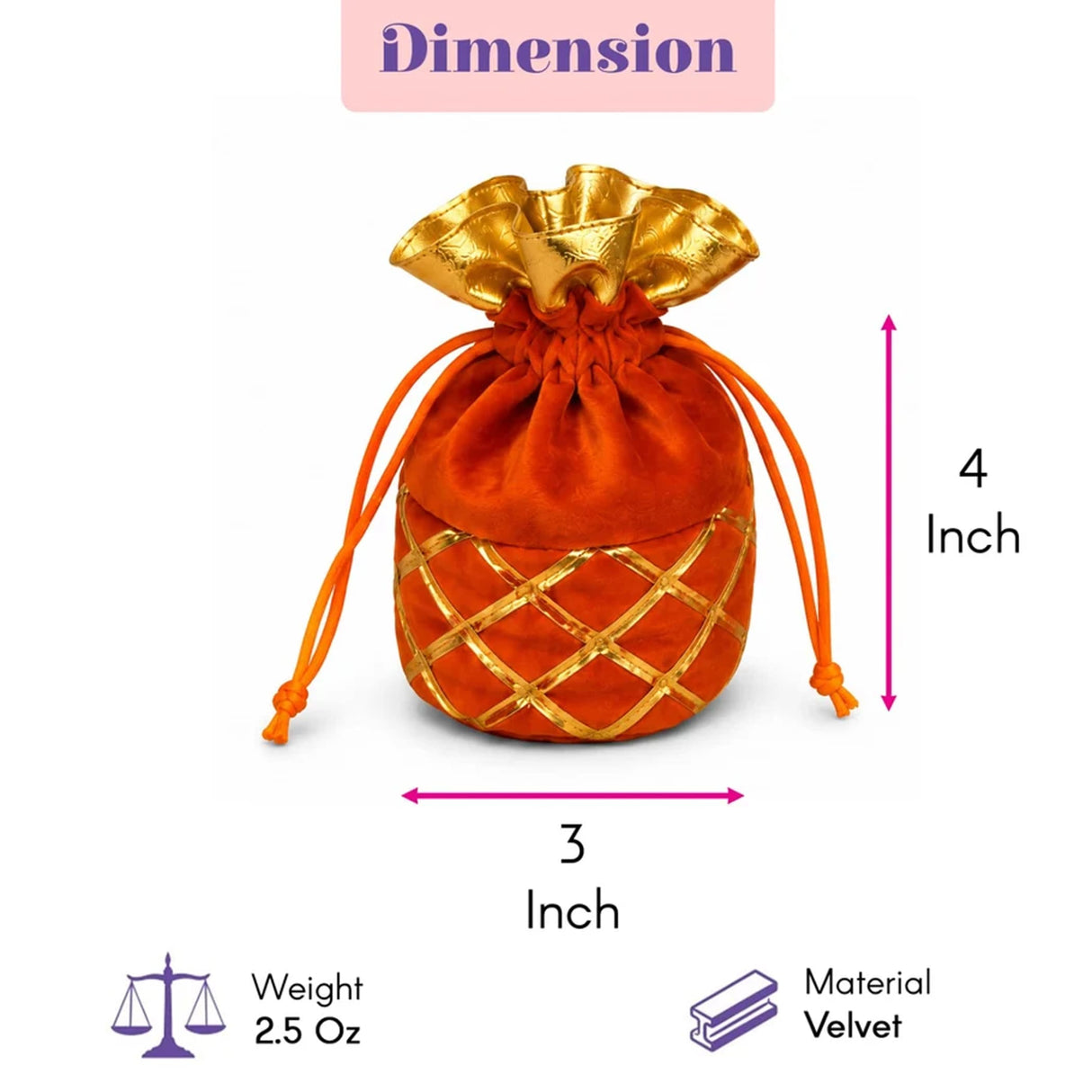 Orangish-red velvet varalakshmi vratham potli bag with gold lattice detailing and golden ruffled top for pooja use