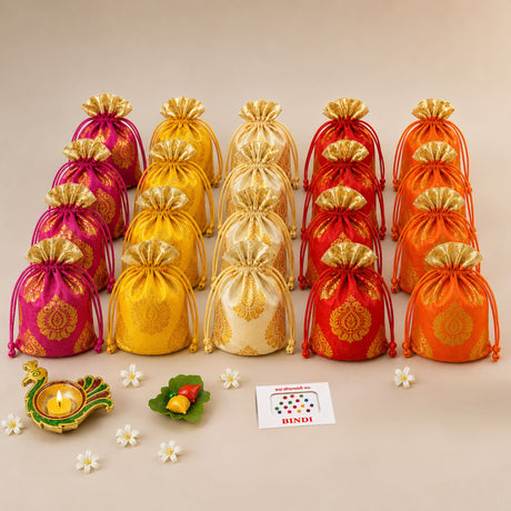Vibrant embroidered drawstring potli bags in pink yellow cream red and orange with gold patterns for hindu religious gifts
