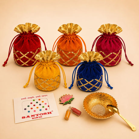 Set of five vibrant velvet drawstring potli bags in red orange yellow and blue with gold lattice for pooja and gifts