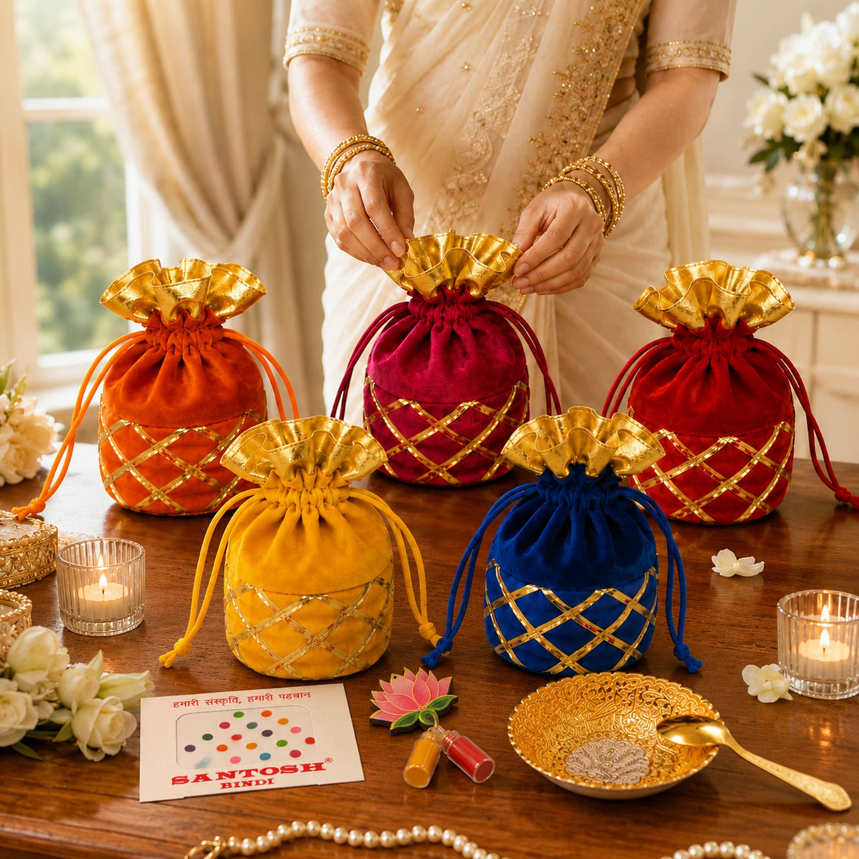Varalakshmi vratham gift hamper featuring vibrant velvet potli bags in orange red yellow and blue with gold lattice embroidery for pooja and festive use