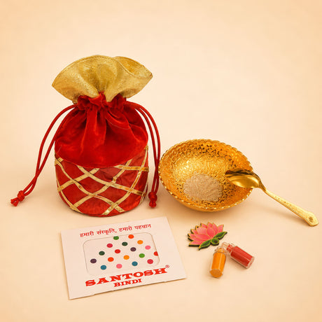 Red velvet drawstring potli bag with gold satin trim and matching golden fabric top for varalakshmi vratham gift hamper