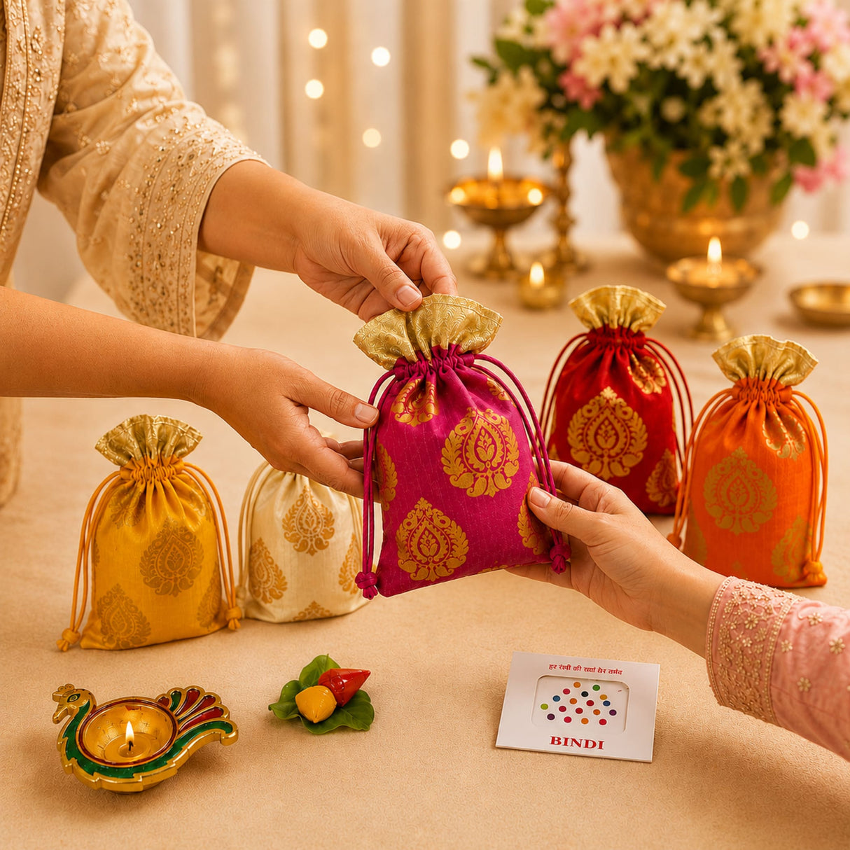A vibrant magenta drawstring potli bag with intricate gold paisley embroidery and matching golden fabric top for religious gift hampers