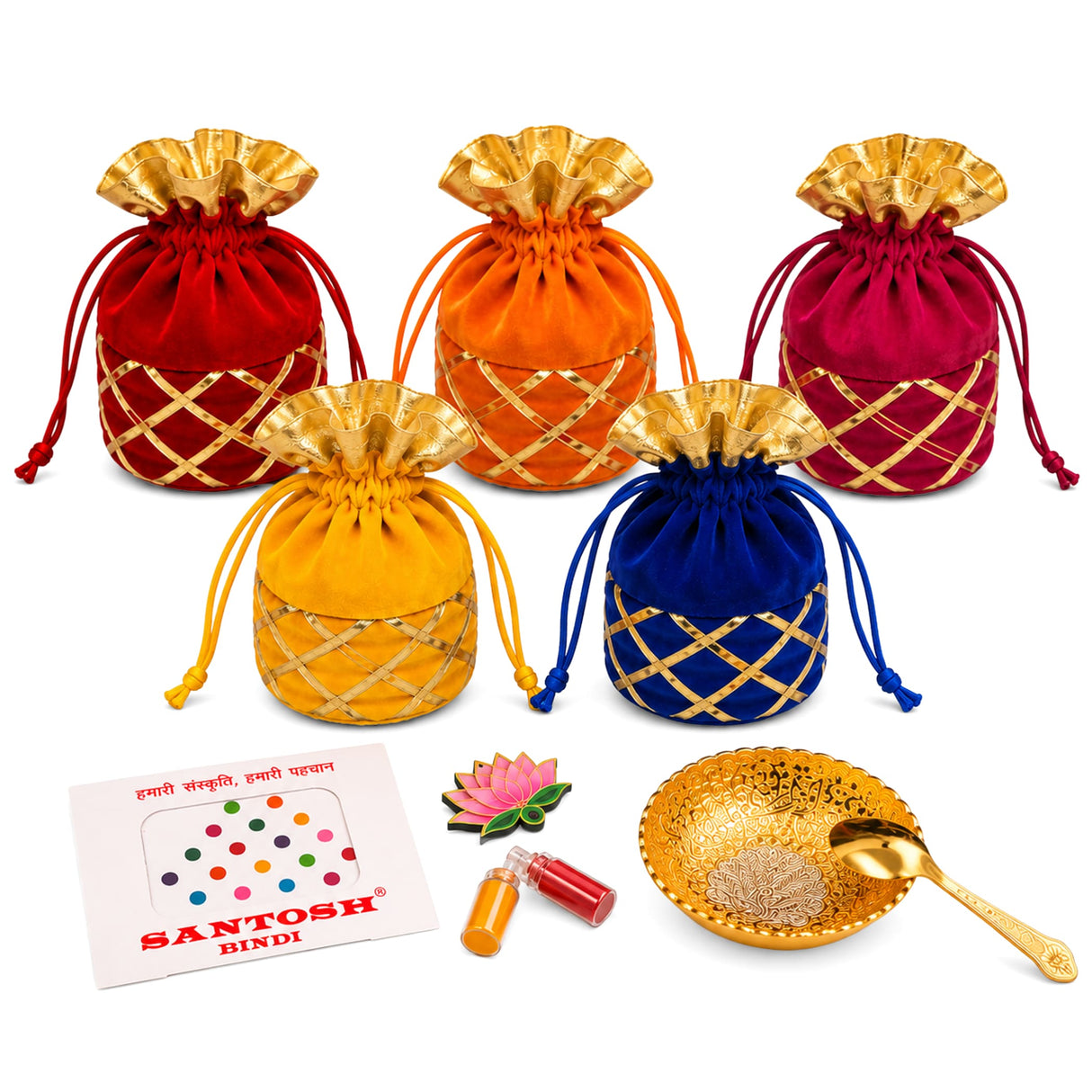 Set of five colorful velvet drawstring potli bags with gold-trimmed lattice patterns for Varalakshmi Vratham gift hamper