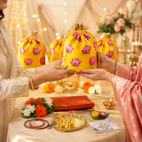 Bright yellow silk drawstring potli bag with pink lotus prints and golden embellished top for varalakshmi vratham gift hamper