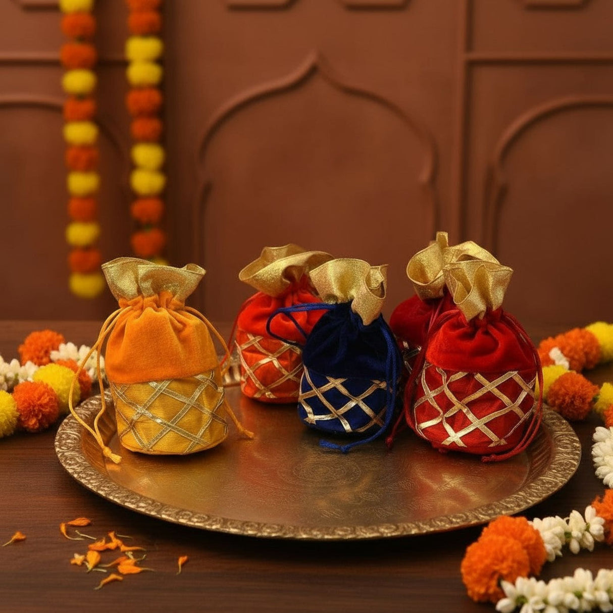 Vibrant velvet potli bags in orange, red, blue with gold embroidery for Varalakshmi Vratham gifts