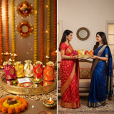 Red gold silk sari with intricate patterns for Navaratri pooja gifts