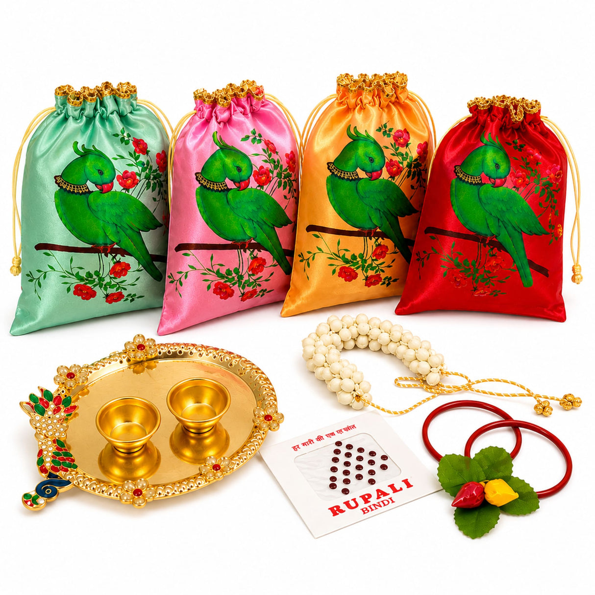 Four satin drawstring potli bags in mint green pink gold and red with green parrot design for varalakshmi vratham gift hamper