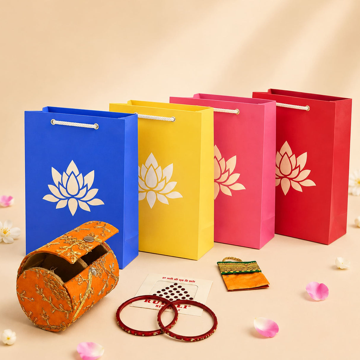 Orange embroidered cylindrical jewelry box made of fabric in varalakshmi vratham gift hamper for pooja and housewarming