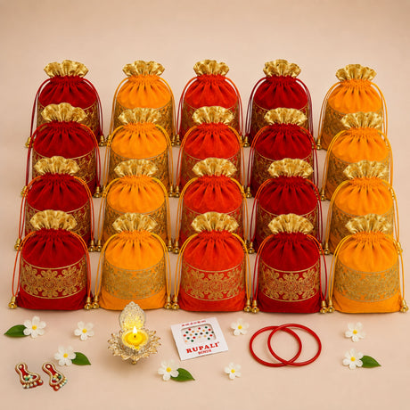 Red and orange velvet drawstring potli bags with gold embroidered patterns for varalakshmi vratham and hindu religious gifts