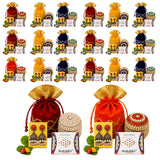Red velvet drawstring potli pouch with gold trim and embroidered pattern for varalakshmi vratham gift hamper