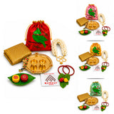 Red satin drawstring potli bag with green parrot gold trim and floral embroidery for Varalakshmi Vratham gift hamper