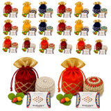 Red velvet drawstring potli bag with gold embroidered lattice pattern and golden cord for Navaratri pooja gifts