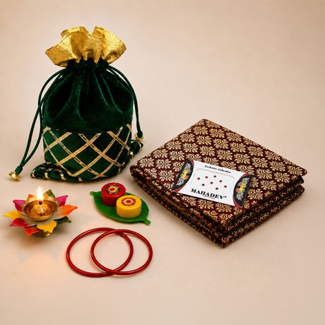 Emerald green velvet drawstring potli bag with gold metallic lattice detailing and golden fabric top for religious gifts