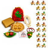Red satin drawstring potli bag with green parrot design from Varalakshmi Vratham gift hamper for women