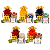 Red gold-trimmed drawstring potli bags with decorative patterns and matching jewelry sets for varalakshmi vratham gift hamper