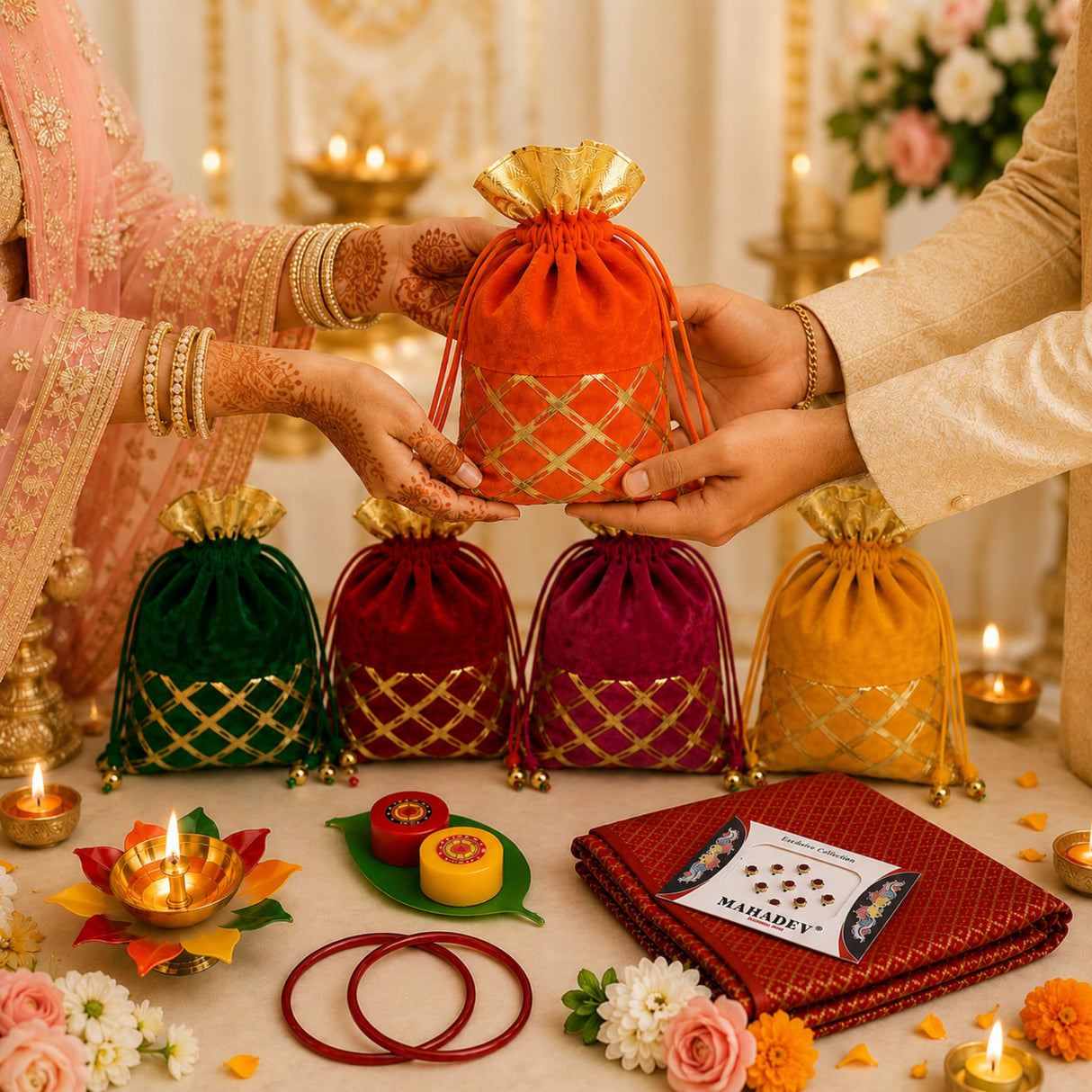 Orange velvet drawstring pouch with gold lattice embroidery and trim used as a potli bag for religious gift hampers