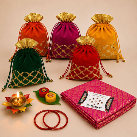 Vibrant velvet potli bags in orange magenta yellow green and red with gold lattice embroidery and golden tops for religious gifts