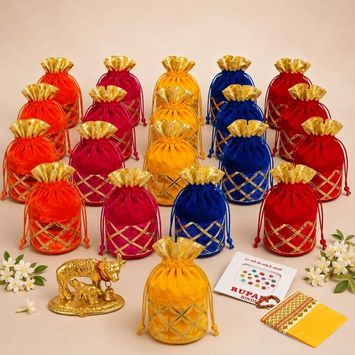 Gold-trimmed velvet drawstring potli bags in red orange yellow and blue with diamond lattice design for Varalakshmi Vratham gifts